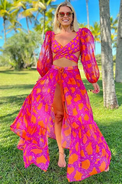 Conjunto de traje de baño estampado de manga larga con lazo