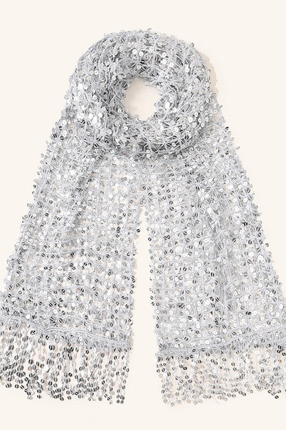 Stylish Sequined, Fringed, and Open-knit Shawl-style Scarf