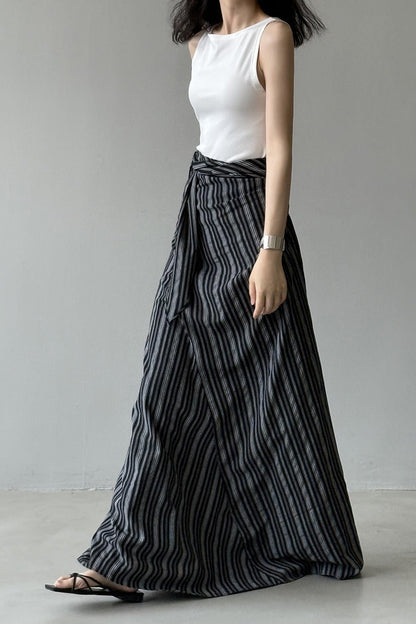 High Waist Striped Tie Waist A Line Maxi Skirt