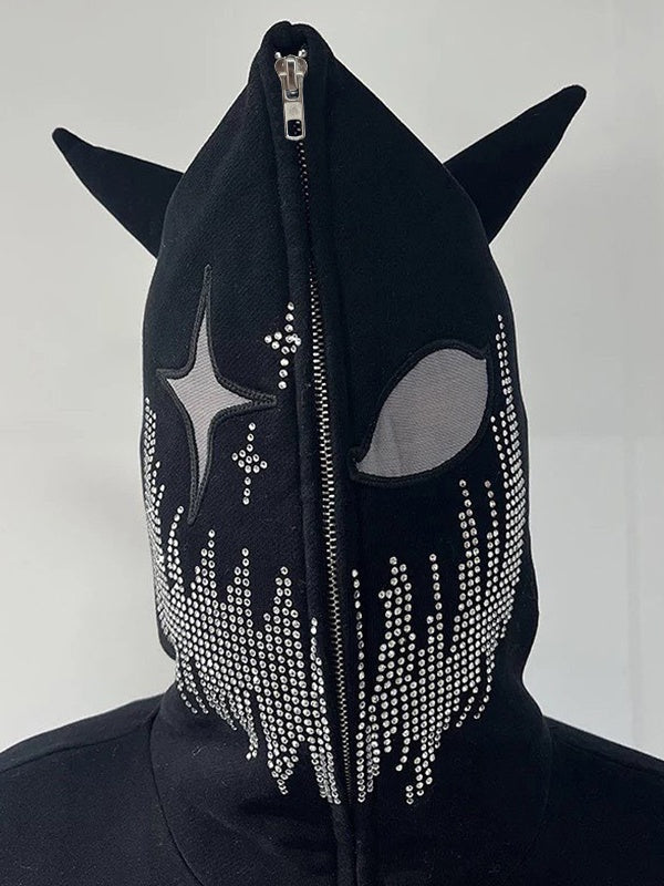 Rhinestone Hooded Loose Zipper Cardigan Hoodie