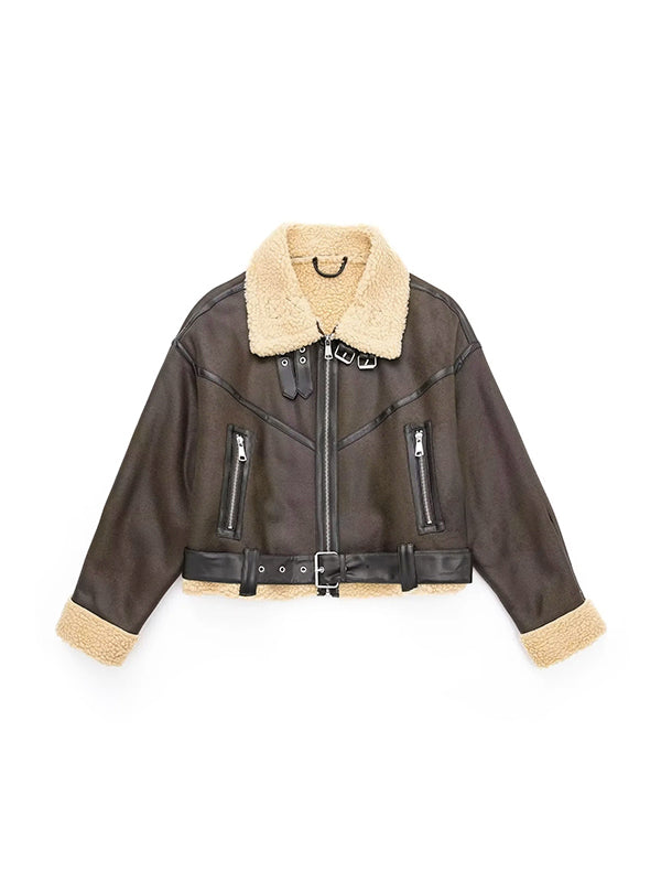 Lambswool Lined Leather Splice Short Jacket