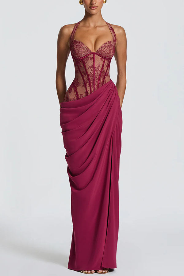 Bonita Floral Lace Contrast Structural Detail Asymmetrical Pleats Halter Slit Maxi Dress