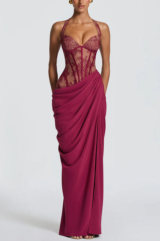 Bonita Floral Lace Contrast Structural Detail Asymmetrical Pleats Halter Slit Maxi Dress