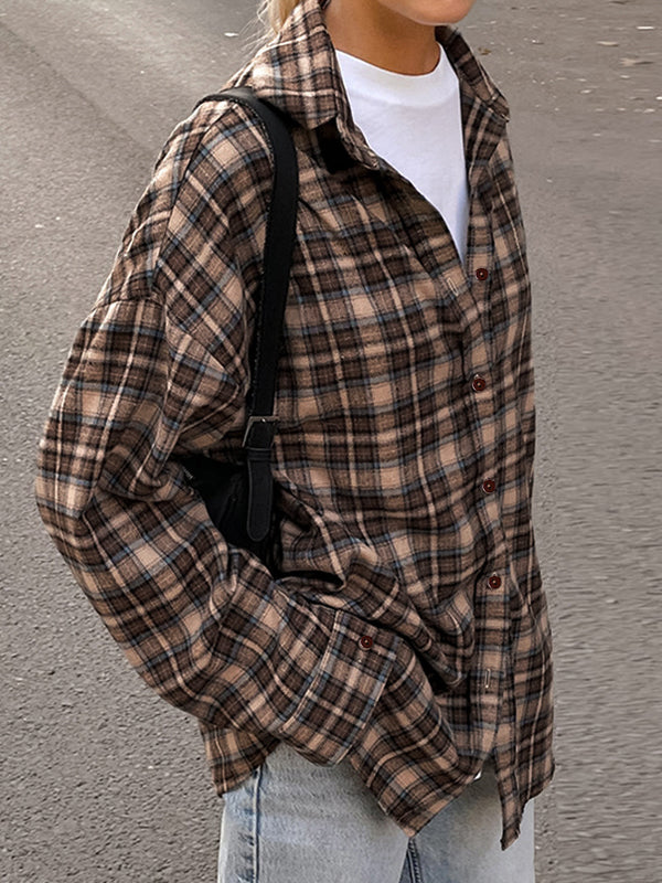 Vintage Plaid Print Long Sleeve Blouse