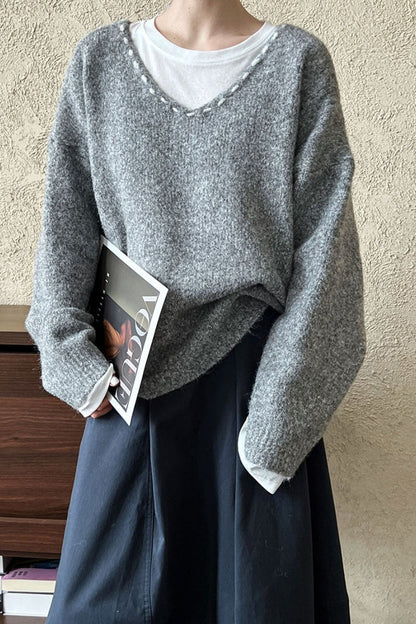 Oversized V-Neck Knit Sweater