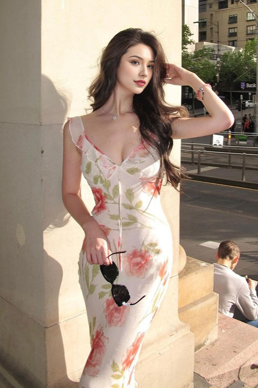 V-Neck Printed Backless Slip Floral Dress