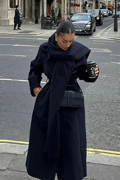 Vintage Striped Long Trench Coat