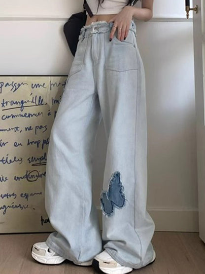 Blue Butterfly High Rise Wide Leg Jeans