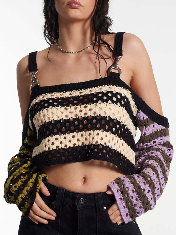 Cutout Contrast Color Splice Buckle Strap Crochet Top