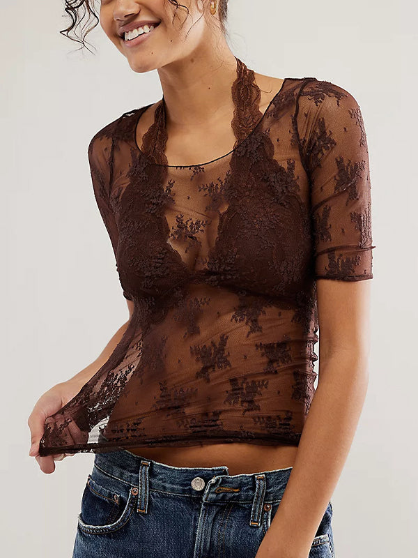 See Through Lace Crew Neck Short Sleeve Tee