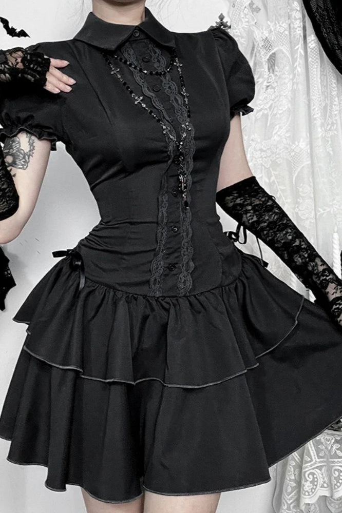 Dark Gothic Lace Patchwork High Waist Bow A-line Mini Dress