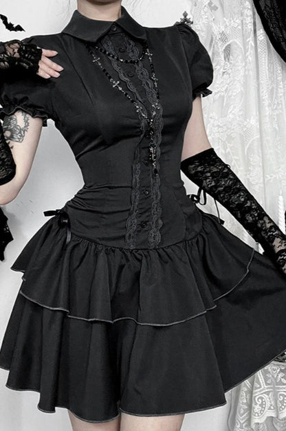 Dark Gothic Lace Patchwork High Waist Bow A-line Mini Dress