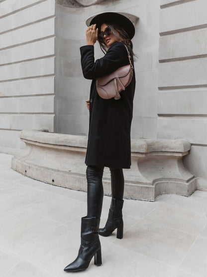 Solid Color Lapel Mid-length Button Wool Coat
