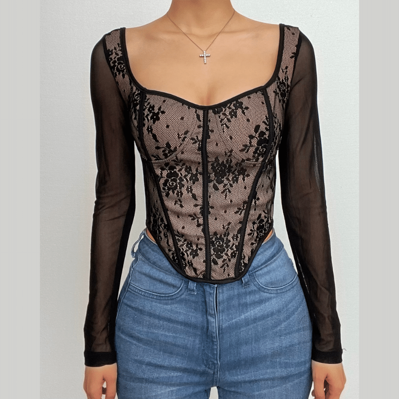 Lace contrast corset long sleeve zip-up self tie top  | Festival Outfits Women