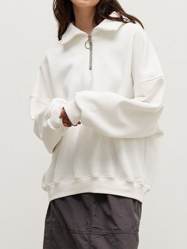 Solid Lapel Neck Half Zip Sweatshirt
