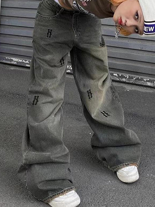 Loose Basic Distressed Print Boyfriend Jeans