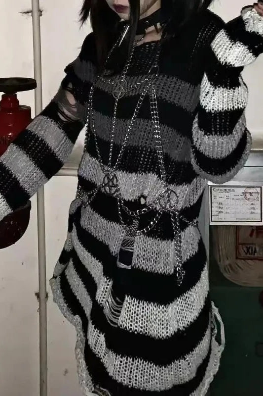Goth Striped Ripped Long Sleeve Knitted Sweater