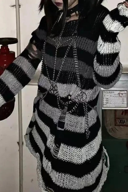 Goth Striped Ripped Long Sleeve Knitted Sweater