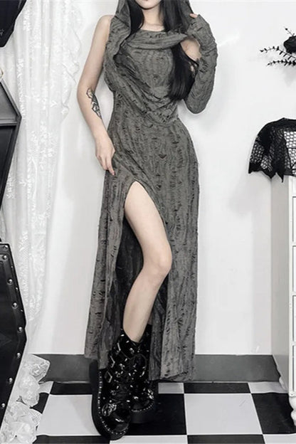 Goth Dark Sleeveless Hooded Split Maxi Dress