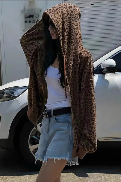 Retro Leopard Print Loose Zip Hoodie