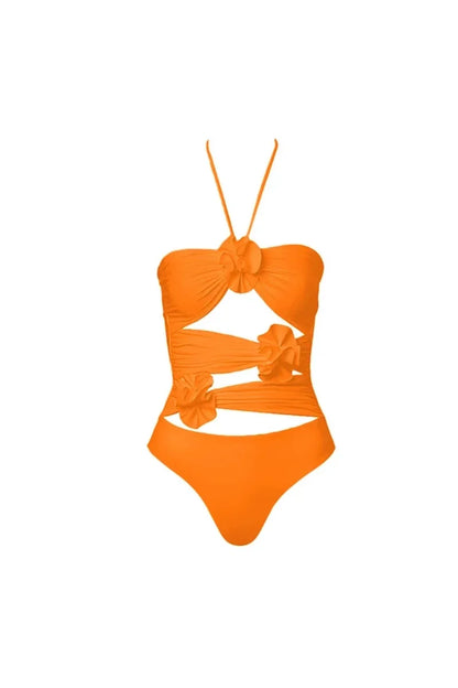 Traje de baño de una pieza sin espalda con estampado floral 3D estilo halter