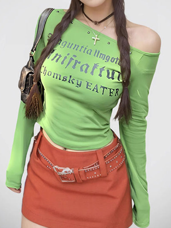 One Shoulder Lettering Long Sleeve Tee