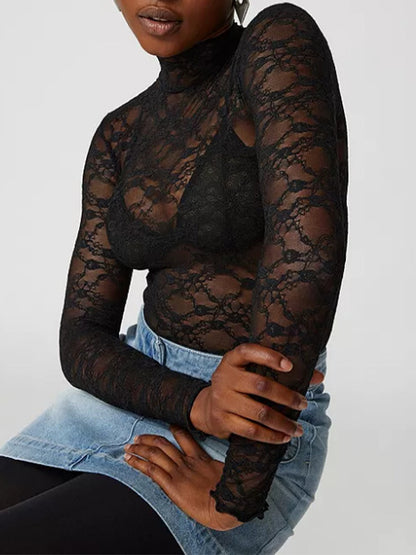 All Over Lace Mock Neck Long Sleeve Tee