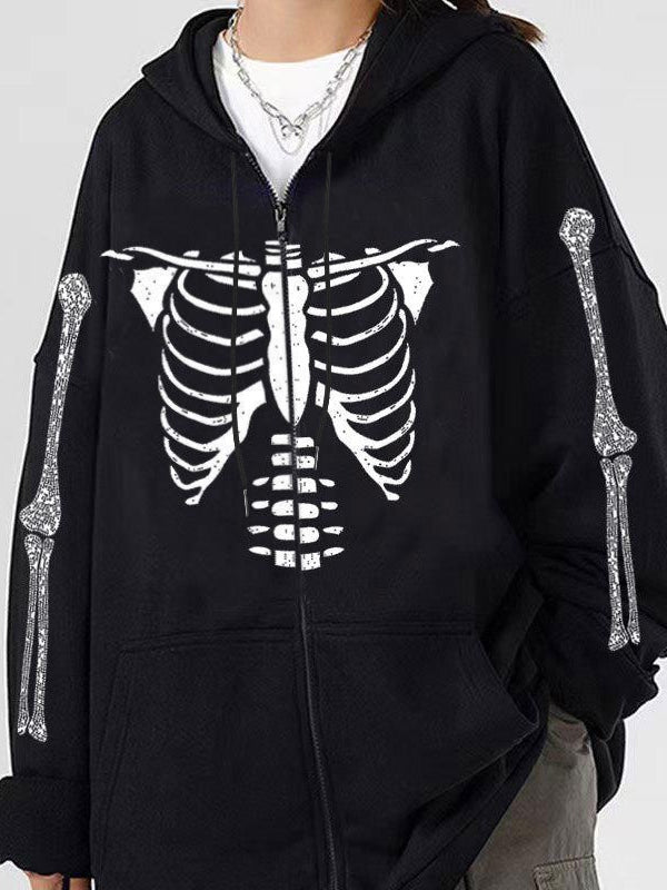 Skeleton Print Rhinestone Zip Up Oversized Hoodie