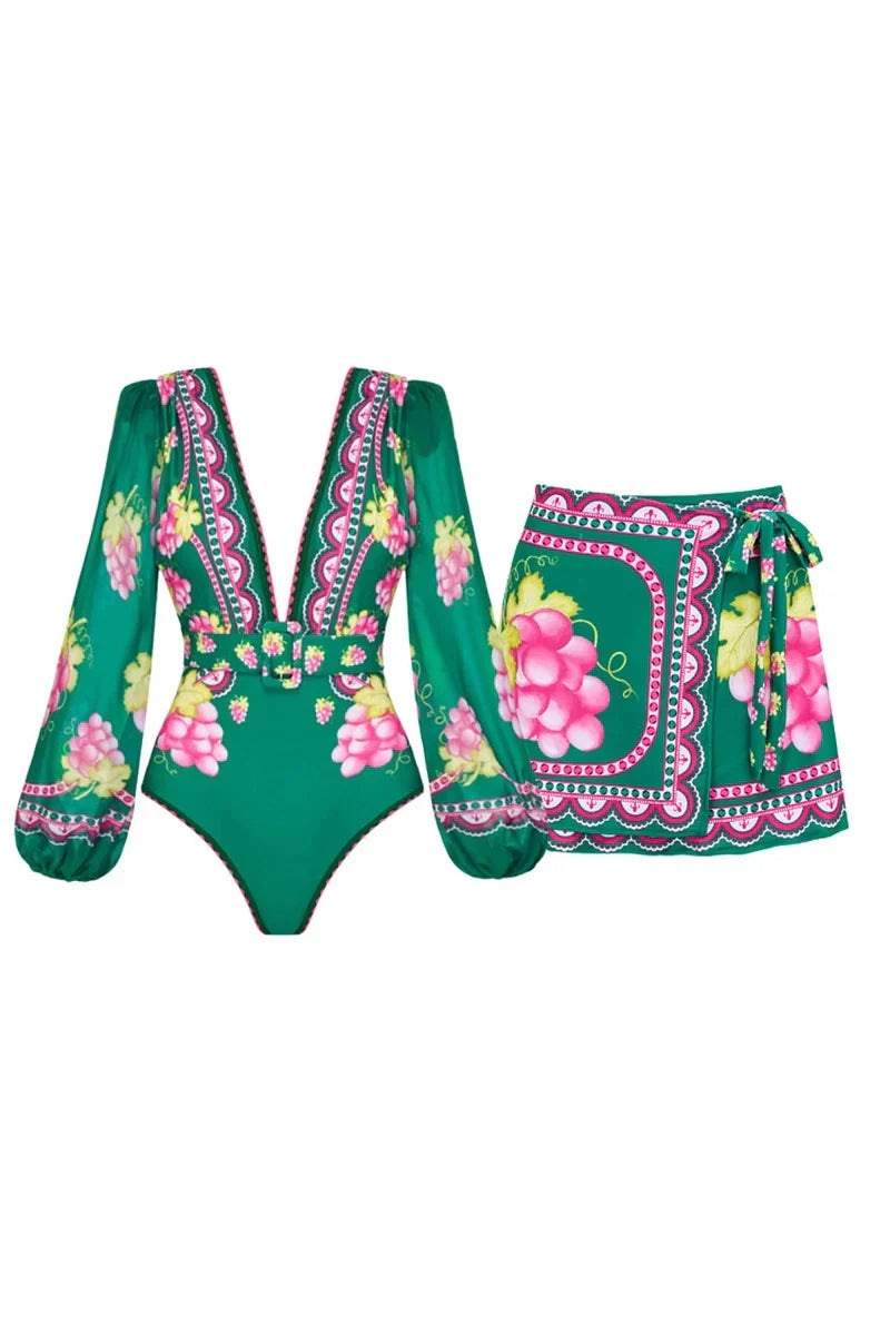 Conjunto de traje de baño de manga larga y falda corta