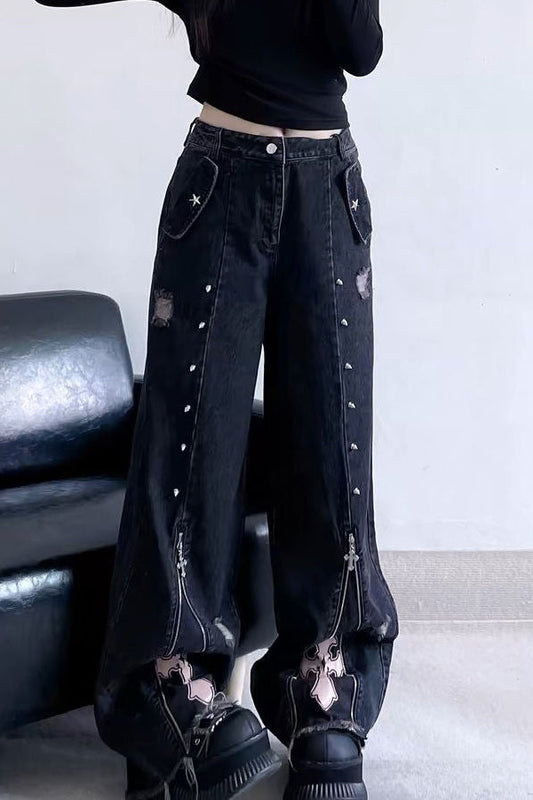 Punk High Waist Straight Leg Jeans Pants