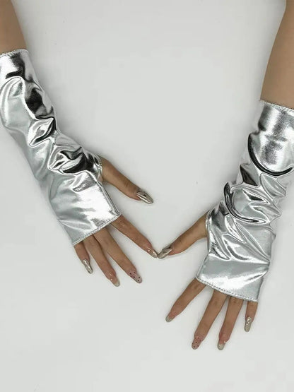 Faux Patent Leather Punk Fingerless Gloves