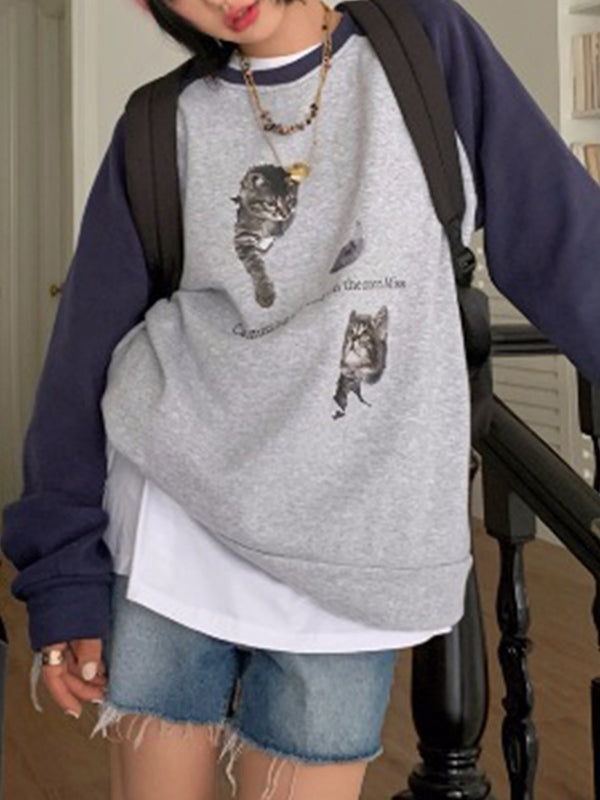 Cat Print Raglan Fleece Oversized Hoodie