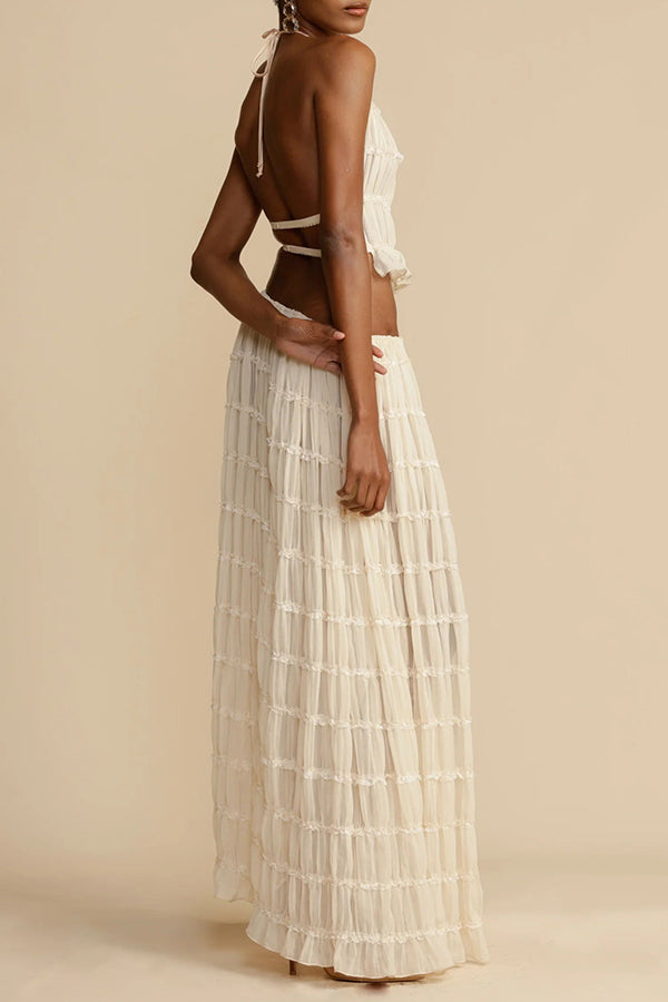 Versatile retro charm pleated drawstring waistline long skirt set