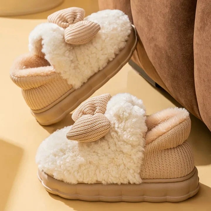 Pantuflas gruesas con lazo y forro de felpa para mujer | Uso diario