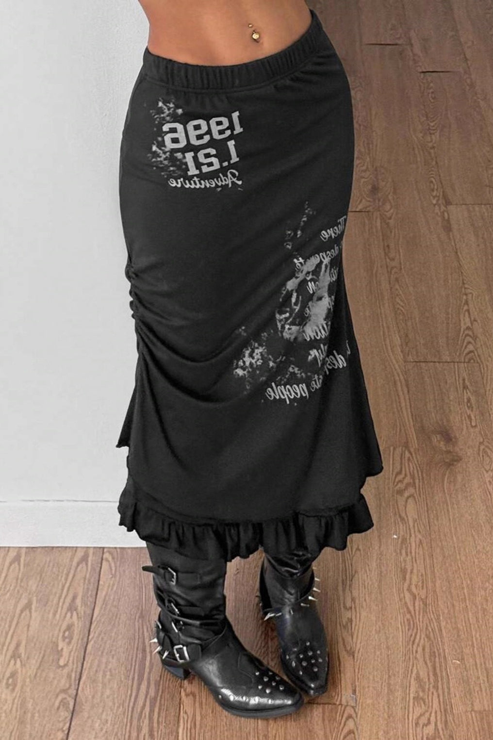 Gothic Punk Print Ruffled Midi Skirt
