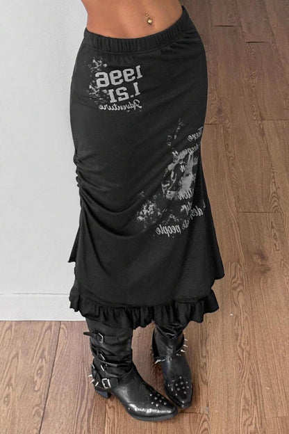 Gothic Punk Print Ruffled Midi Skirt