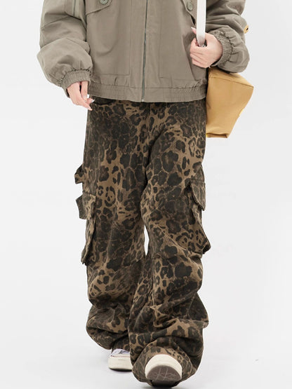 Leopard Print Pocket Overalls Cargo Jeans