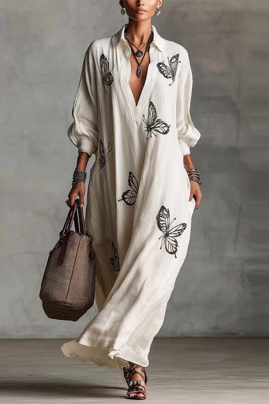 Butterfly Print V-Neck Long Sleeve Loose Casual Maxi Dress
