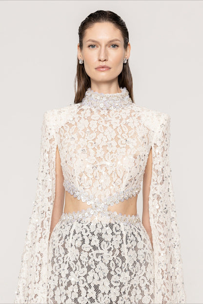Lace Beaded Sequin Slim Cape Reception Dress