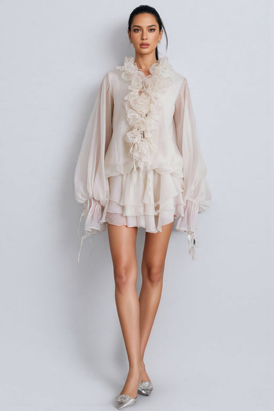 Elsonv 3D Floral Lantern Sleeve Mini Dress