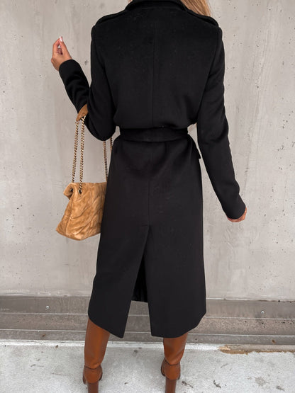 Solid Color Lapel Long Sleeve Woolen Simple Tie Coats