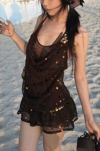 Sequin Halter Fake Two-Piece Mini Dress