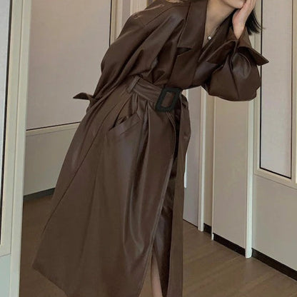 Oversized Lapel Leather Long Coat