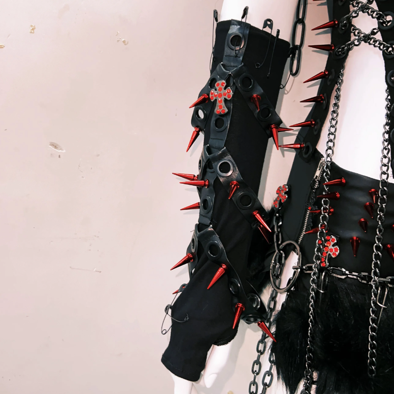 Metal chain lace up rivet applique zip-up top  | Festival Outfits Women