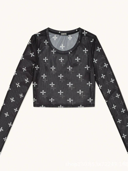 Sexy Slim Fit Mesh Long Sleeve Mesh Top