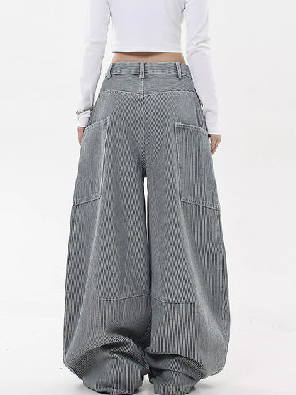 American Retro Striped Scimitar Banana Boyfriend Jeans