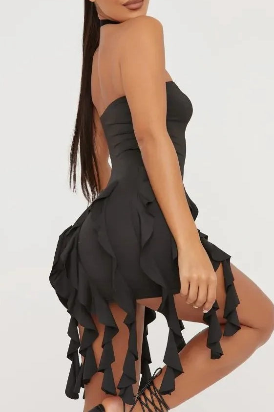 Ruffle Tassel Backless Irregular Strapless Y2K Bodycon Mini Dress