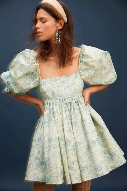 Puff Sleeve Square Collar Ruffle Hem Print Mini Dress