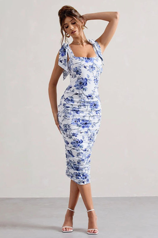 Sweet Floral Tie-Waist Bodycon Floral Dress