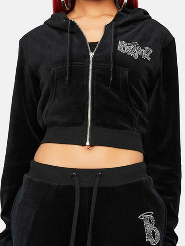 Letter Rhinestone Print Short Hoodie